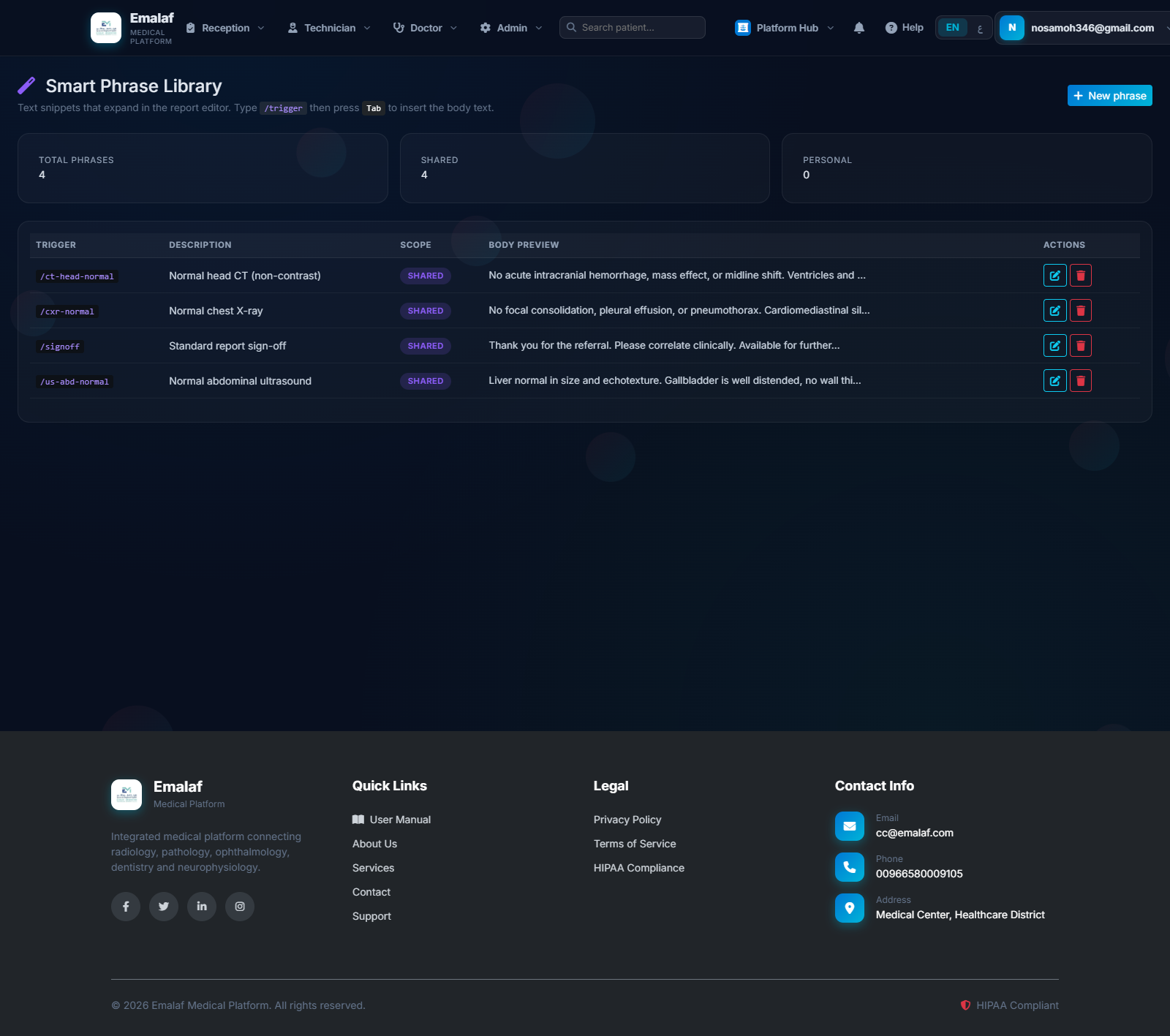 Smart Phrase Library admin page